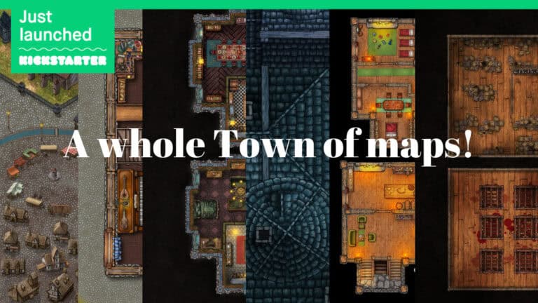 A collage of detailed fantasy maps, showcasing various buildings and streets, with text overlay: "A whole Town of maps!" and Kickstarter branding in the top left corner. Discover new terrains at every corner—a unique journey awaits.