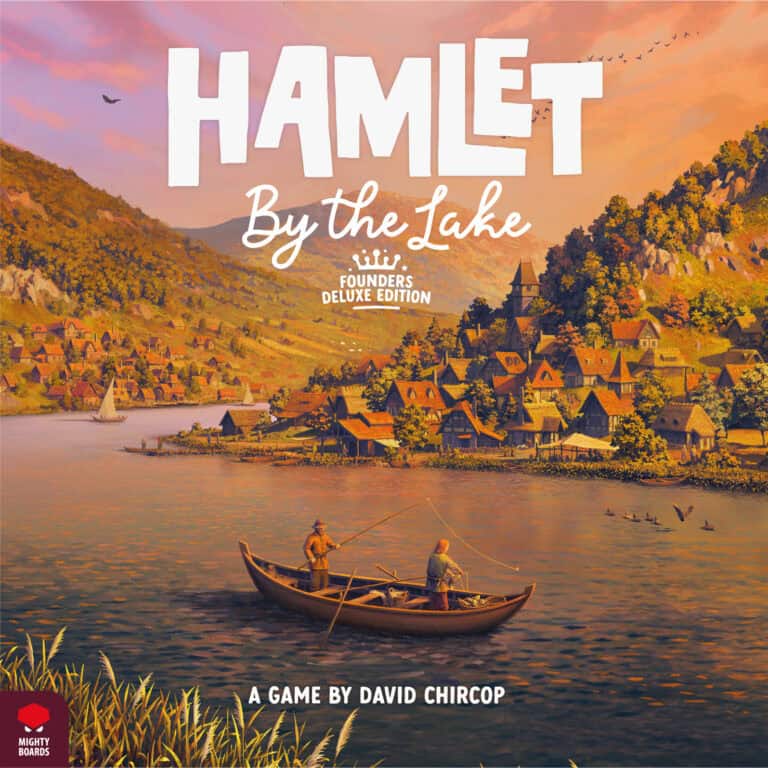 Illustrated cover for "Hamlet by the Lake" depicts a serene lakeside adventure with two people fishing in a small boat. A picturesque village, akin to a charming hamlet with cottages and church steeples, nestles among hills and autumn trees under a blue sky. Perfect for your next Kickstarter campaign.