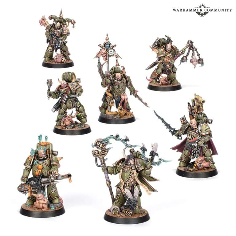 Miniature figures of Warhammer 40K Death Guard characters in detailed, armored outfits with weapons and mutated features, displayed against a white background. Crafted by Games Workshop, each figure boasts unique green and brown armor with intricate designs. Perfect for your next Sunday Preview!