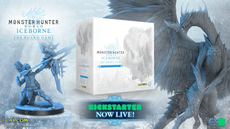 Promotional image for "Monster Hunter World: Iceborne The Board Game" showcases a stunning model of a hunter and dragon in icy blue tones. The game box is front and center, while text at the bottom heralds an exciting Kickstarter campaign. Logos for Capcom and others are prominently displayed.