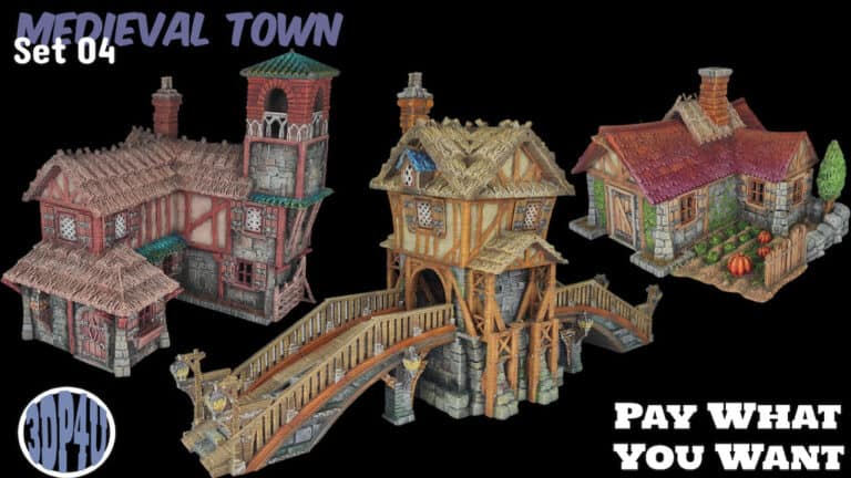 A collection of three intricately detailed medieval town buildings with timber frames and stone bases. One, a corner building, features a bridge; another boasts a clock tower. The text reads "Medieval Town Set 04" and "Pay What You Want," with a round logo on the side. Perfect terrain for Thursday's tabletop adventures.