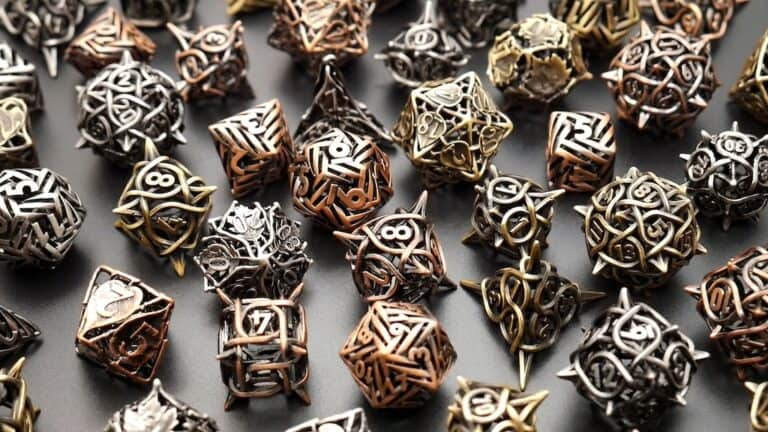 A collection of intricately designed metal dice in various shapes and sizes, featuring ornate patterns and numbers, arranged on a dark surface. Perfect for your Friday game night, the colors range from bronze to silver and gold.