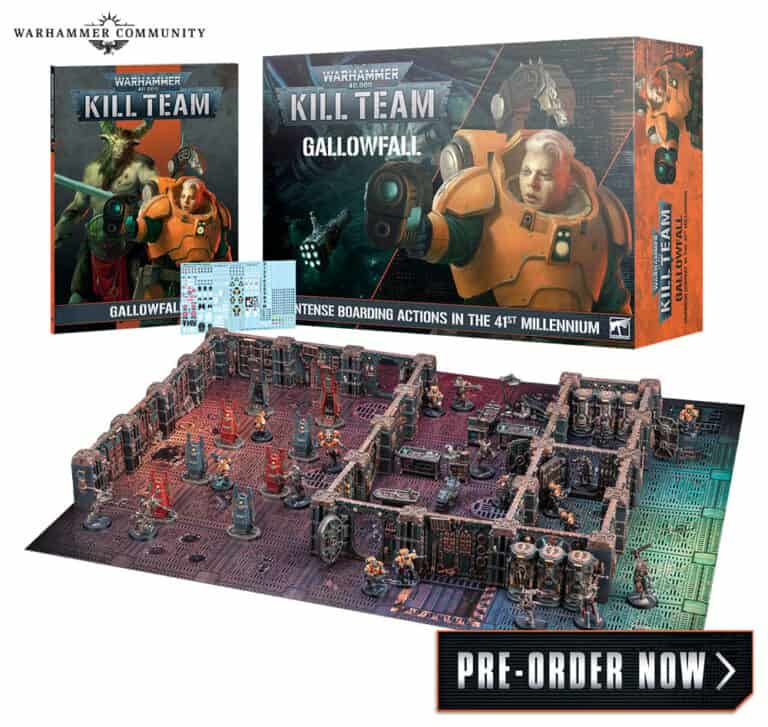 The Warhammer Kill Team: Gallowfall game set image showcases the game box, a detailed playing board with terrain pieces, an instruction booklet, and essential accessories. Brought to you by Games Workshop, this enticing set is now available for pre-order.