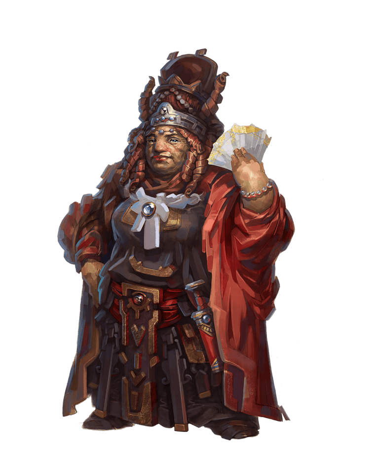 A character in ornate medieval attire holds a fan, embodying an opulent presence akin to a figure from the Pathfinder Remaster. Dressed in a red and black gown with an intricate headpiece and jewelry, this regal individual showcases the rich ancestries of Paizo's fantastical worlds.