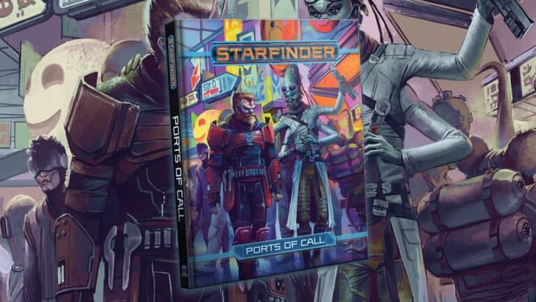 The cover of "Starfinder: Ports of Call" from Paizo Releases showcases two futuristic characters in combat gear. Set against a bustling sci-fi cityscape with neon signs, it captures a vibrant, otherworldly scene.