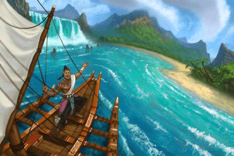 A person standing on a wooden boat, arms outstretched in unfettered exploration, navigates turquoise waters near a lush green island. A towering waterfall cascades into the ocean under the bright sky, embodying the spirit of a true Pathfinder Society adventurer.