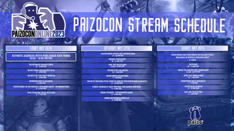The PaizoCon Online 2023 Twitch Stream Schedule for May 26-28 highlights this vibrant three-day event with activities like the "Keynote Address," "Paizo Presents," and engaging gaming showcases. Set against a backdrop of gaming elements, the large logo is prominently displayed at the top left.