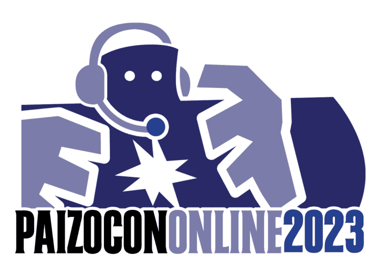 Logo for PaizoCon Online 2023 featuring a stylized robot wearing a headset, holding a star. The text "PaizoCon Online 2023" is displayed below in black, gray, and blue, celebrating Paizo's digital content realm.