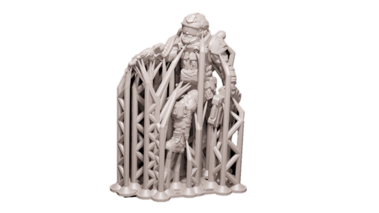A 3D-printed model of a soldier in tactical gear, courtesy of Mantic Games, stands among vertical support structures. This intricately detailed figure appears in a light, uniform color and is part of the exclusive collection found in The Vault subscription service.
