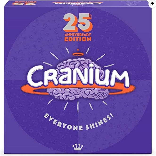 The image displays the box cover of Cranium's 25th Anniversary Edition by Funko Games. A vibrant purple background hosts whimsical illustrations, the bold "Cranium" title over a brain graphic, and the slogan "Everyone Shines!" at its base.