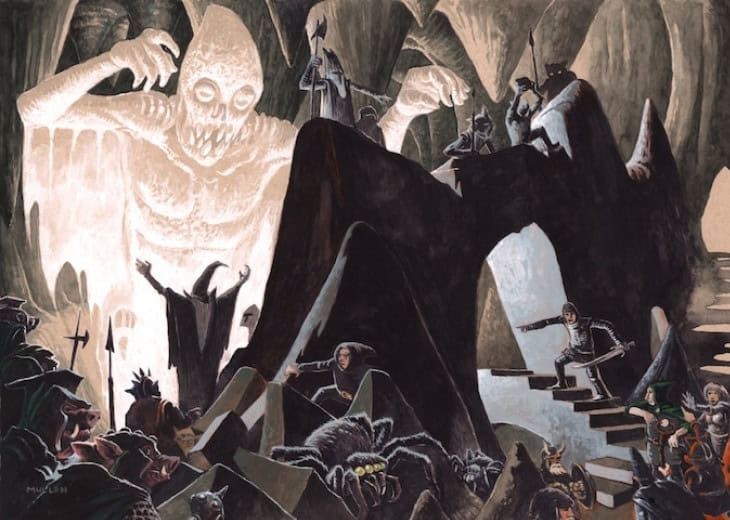 In a dark, chaotic cave, an eerie ghost-like figure looms as spiders and armed figures clash in alarm. The tense, dramatic scene feels ripped from a Knave RPG fantasy adventure. Perhaps crowdfunded on Kickstarter, this world brings its conflicts to life with incredible intensity.