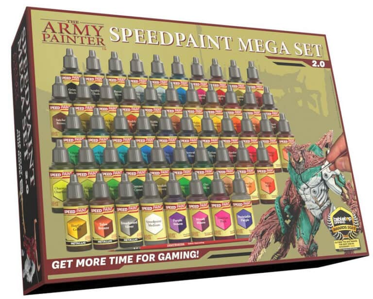 The Army Painter Speedpaint Mega Set 2.0 offers a one-coat painting solution with 90 vibrant paint bottles. The packaging highlights a detailed painted miniature figure and proudly displays the slogan, "Get More Time for Gaming!" in the corner.