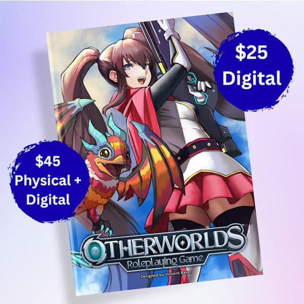 The cover of "Otherworlds Roleplaying Game" showcases an anime-inspired RPG character with pink hair and a futuristic outfit, standing next to a vibrant winged creature. Dive into this future fantasy for $25 digitally or $45 for the physical and digital combo.