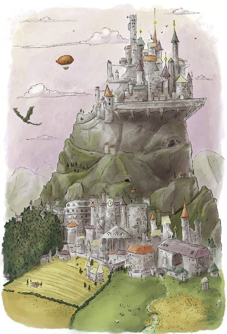 Illustration of a fantasy castle perched on a rocky cliff, with turrets and towers. Below it, a small village with stone buildings and fields. A Magicpunk dragon and airship soar through the sky in this D&D 5e-inspired scene, surrounded by majestic mountains.