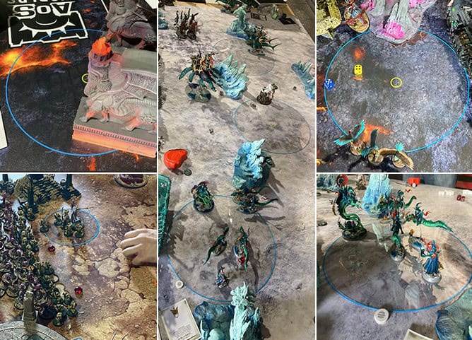 Collage of tabletop game setups featuring miniatures in various battle scenes. Each section showcases different terrains, Warhammer 40k armies, and fantasy creatures positioned strategically with objective markers, dice, and measurement circles on the boards.