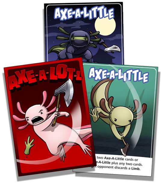 Introducing the Axe-A-Lot-L Card Game: a vibrant set of three game cards showcasing whimsical axolotls. The first card embraces a ninja theme, while the second features an axolotl brandishing an axe. The final card presents a warrior axolotl amidst lush foliage. Don't miss it on Kickstarter!