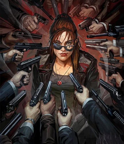 A woman in sunglasses and a leather jacket stands confidently, surrounded by multiple hands pointing guns at her in this action-packed scene. The dramatic red backdrop adds intensity, reminiscent of the high-stakes scenarios in an Outgunned RPG on Kickstarter.