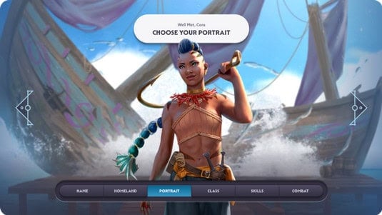 A character selection screen from Fablecraft, a digital TTRPG on Kickstarter, features a stylized character with a mohawk and a sword in hand. The backdrop showcases a ship with sails, while options like "Name," "Homeland," "Class," "Skills," and "Combat" appear below the image.