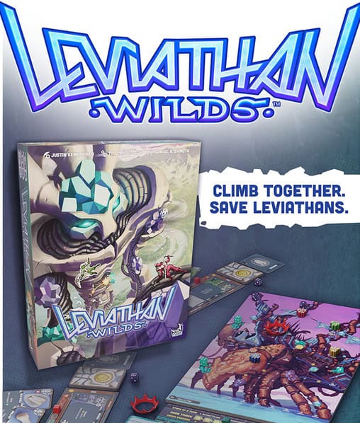 Image of the board game "Leviathan Wilds" by Moon Crab Games. The box showcases futuristic artwork of a large creature. The text reads, "Climb together. Save Leviathans." Game cards and tokens are artfully arranged around the captivating board game box.