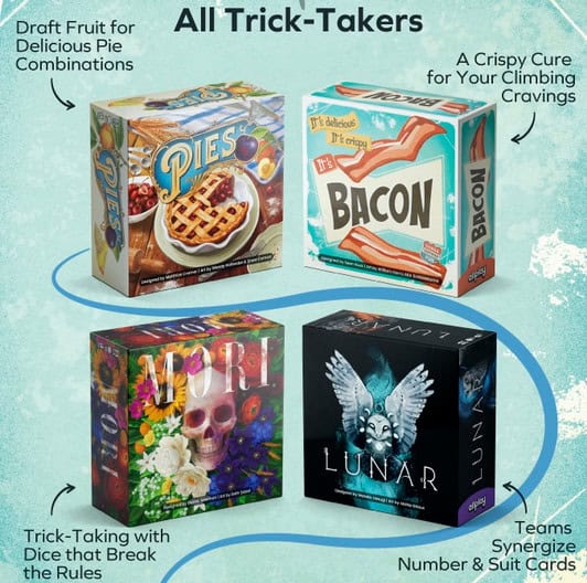Four board game boxes from BoardGameTables.com are arranged on a textured blue background. Each box features unique cover art and titles: "Pies," "Bacon," "Mori," and "Lunar," with brief descriptions of the game themes and mechanics, capturing the innovation often found in Kickstarter campaigns.