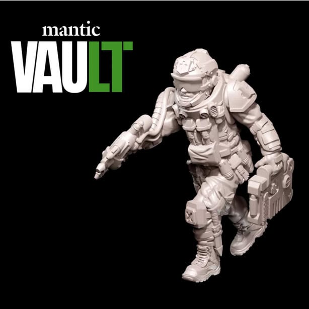 A detailed 3D-printed model of a futuristic armored soldier, perfect for fans of 3D-printable miniatures. The figure, showcasing intricate weaponry and equipment, stands against a black background with "Mantic Vault" text in the top left corner.