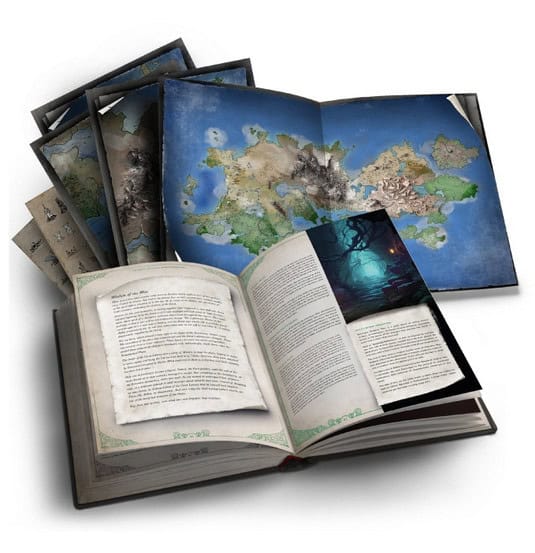 Open books with colorful fantasy maps and text are displayed. The image shows detailed world maps and narrative passages from "Sanctuary: Dungeon Tales," evoking a sense of mystical adventure, like a Kickstarter pitch that transports you to realms of wonder and exploration.