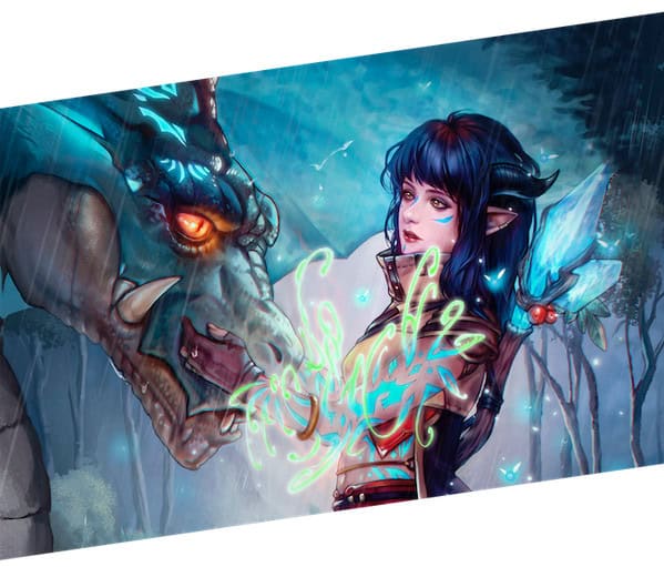 A fantasy illustration displays a woman with dark hair, adorned with magic tattoos, facing a blue dragon. Both are enveloped in a misty forest setting, with glowing symbols floating between them, suggesting enchantment or communication.