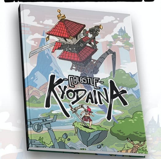 Illustrated book cover titled "Colostle: Kyodaina" captures the essence of a solo RPG adventure, featuring a whimsical scene with a floating red-roofed house on stilts and a character standing on a rock amidst a vibrant, mountainous landscape.