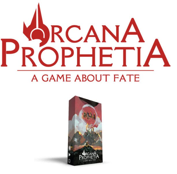 Cover image for "Arcana Prophetia," a game about fate and prophecy, soon launching on Kickstarter. The box design rocks a red and black theme, with an illustration imbued with mystical elements, perfectly capturing the game's ethereal allure.
