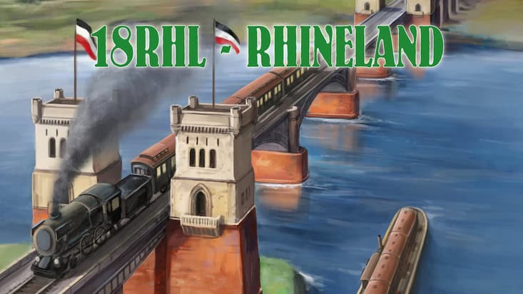 A vintage-style illustration of a steam train crossing an arched, stone bridge over a river. The text "18RHL - Rhineland" is prominently displayed in green at the top. Flags on the bridge and reflections in the water capture the essence of Rhineland's rich history.