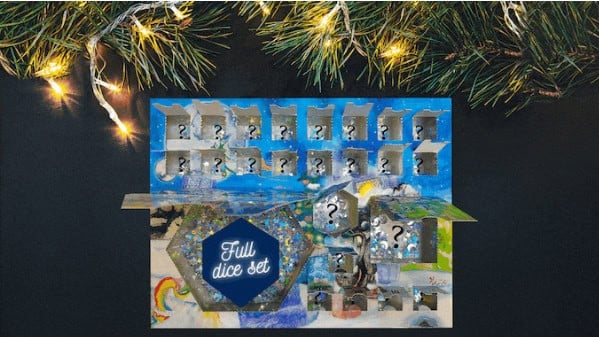 A festive advent calendar with illustrated doors under a string of lit pine branches. Some doors reveal RPG dice inside, hinting at the "Full dice set" noted on the calendar. Perfect for Kickstarter enthusiasts, it's a must-have for those who love Advent Calendars and gaming alike.