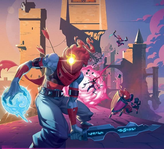 In a vibrant, fantasy castle setting, a futuristic armored warrior from the Dead Cells Board Game wields a glowing eye, blade, and energy sphere. Figures clash in dynamic combat under dramatic lighting and bold colors—a scene worthy of surpassing any Kickstarter Goal.