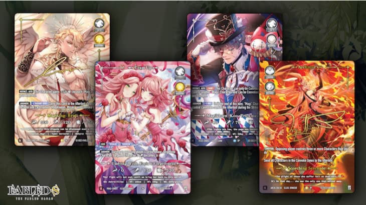 Four intricately designed trading cards featuring fantasy characters bring an anime-inspired flair. Each card has detailed artwork and text, showcasing two feminine figures, a person in a top hat, and a fiery character surrounded by flames. The background is a soft, blurred design.