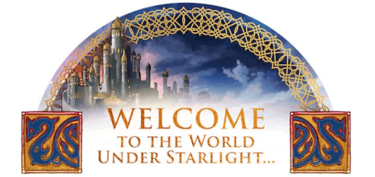 Fantasy landscape with a castle under a starlit sky, framed by ornate patterns. The text reads, "Welcome to the world of Amboria, where roleplaying adventures await under starlight." Perfect for enthusiasts and Kickstarter backers seeking enchanting new realms.