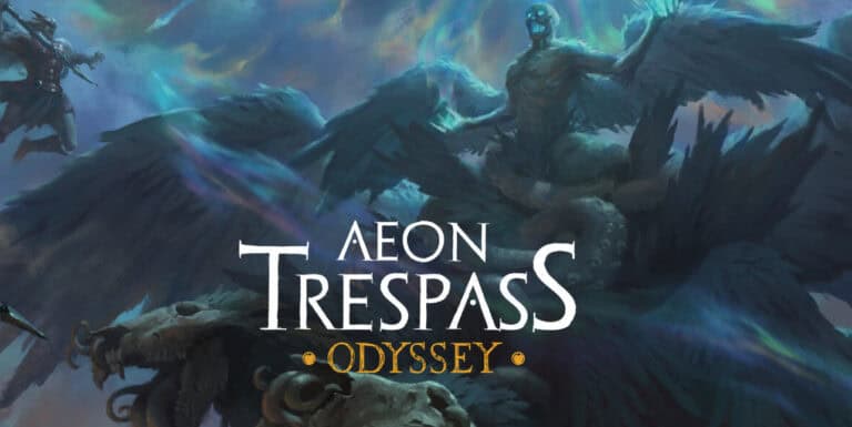 A dark fantasy art scene unfolds with a winged creature against a stormy sky. "Aeon Trespass: Odyssey" and "Second Printing" are prominently displayed at the center, as a shadowy figure looms in the background amidst swirling clouds, heralding an epic Kickstarter campaign.