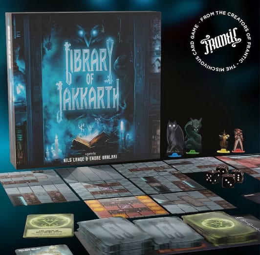 The Kickstarter sensation, "Library of Jakkarth," is showcased with its box, cards, dice, and tokens. The mystical library-themed art credits Nils Lange and André Balzani and highlights the creators' ties to the beloved board game "Frantic.