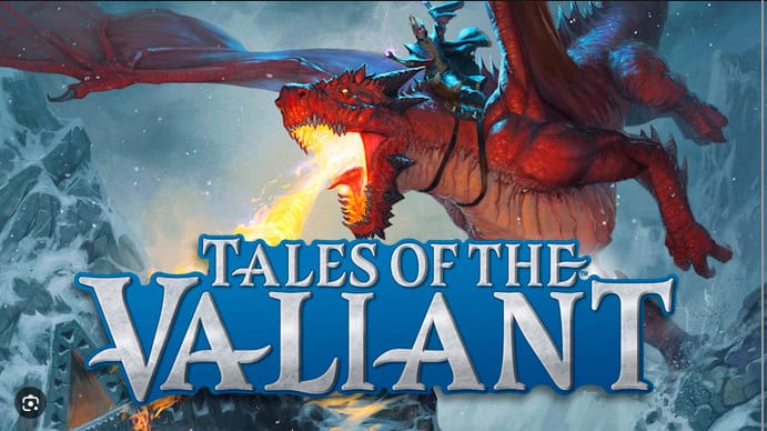 A red dragon breathes fire as it soars over snowy mountains, carrying an armored knight. The text "TALES OF THE VALIANT RPG" is displayed prominently in the foreground, hinting at a thrilling adventure set in the mythical world crafted by Kobold Press for 5th Edition Roleplaying.
