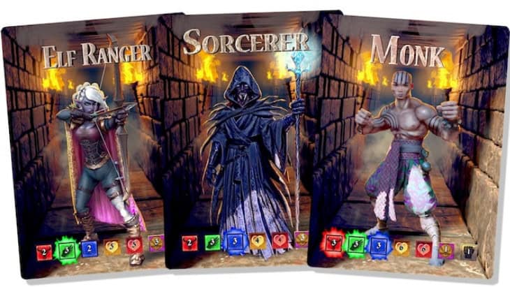 Discover three fantasy-themed character cards from our latest Kickstarter campaign: an Elf Ranger with a bow, a Sorcerer in a hooded robe holding a staff, and a Monk in martial arts attire. Perfect for your solo roguelike adventures, each card features colorful tokens denoting unique abilities.