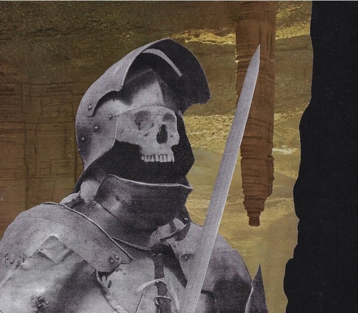 An armored figure with a skull for a face stands poised with a sword against an uncharted horrors cave-like backdrop, where stalactites loom. The contrast between the dark glinting armor and the lighter cave intensifies the mysterious, eerie atmosphere of MÖRK BORG's twisted world.