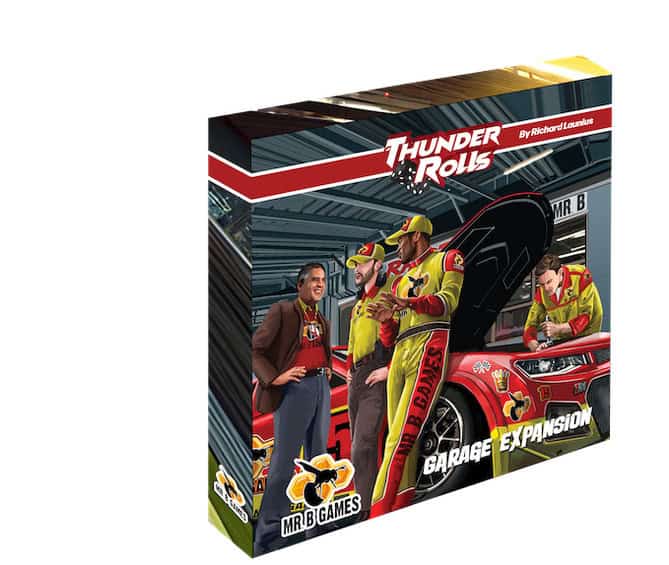 The box cover for "Thunder Rolls: The Garage Expansion" by Mr. B Games showcases animated race car drivers in vibrant red and yellow suits beside a sleek red race car, capturing the high-octane spirit that started on Kickstarter.