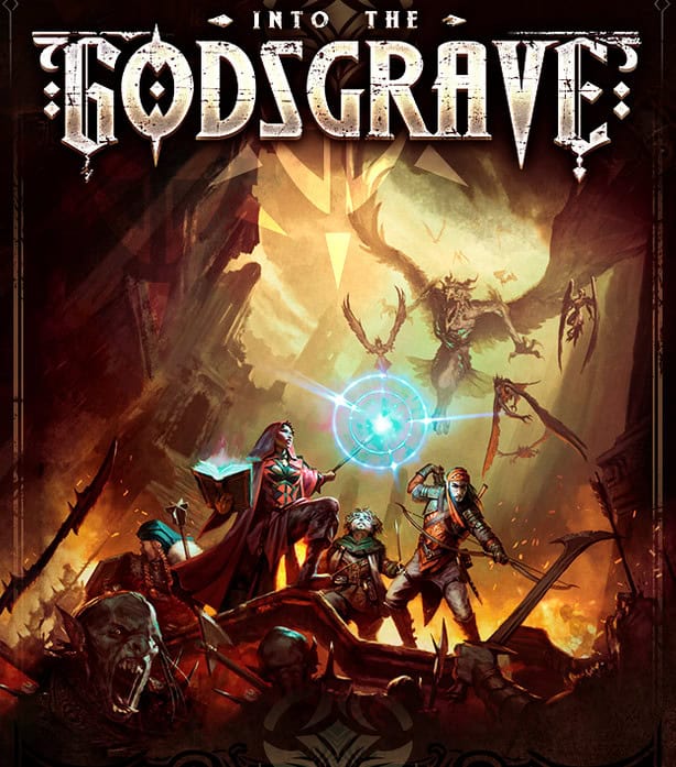 Illustration of adventurers in battle against a winged demon-like creature. One character wields a glowing orb, while others prepare for combat. Dark, fiery setting with dramatic lighting. Title at the top reads "Into the Godsgrave," from the upcoming digital hybrid board game on Kickstarter.