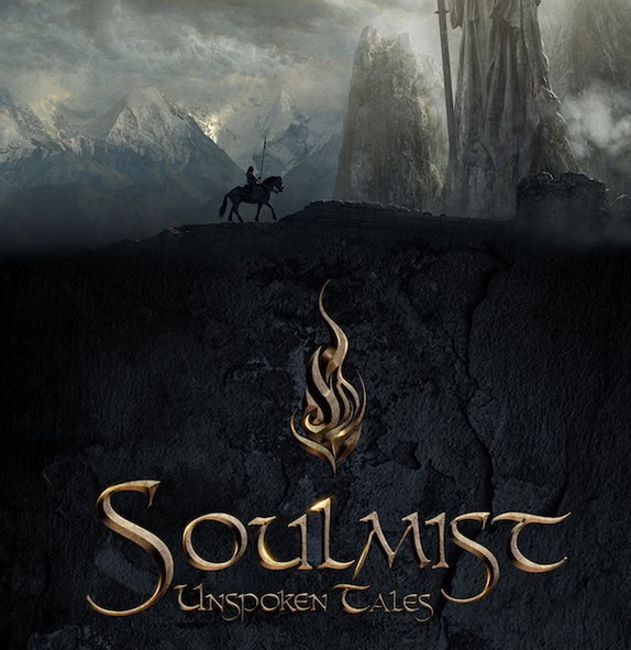 A lone rider and horseman silhouetted against misty mountains and the towering statue of Erebos. The words "Soulmist: Unspoken Tales" appear in the foreground with a flame symbol above. The atmosphere is dark and mysterious, evoking an enigmatic allure.