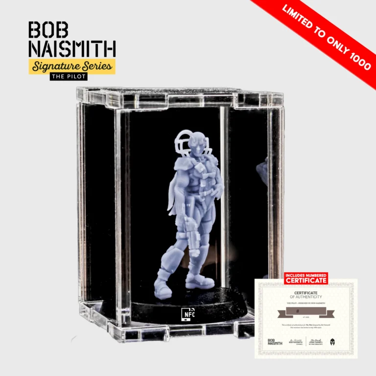 A small, limited edition miniature of a pilot in a transparent display case, labeled "Bob Naismith Signature Series." A red banner announces "Limited to Only 1000." A certificate of authenticity is displayed alongside for avid collectors.