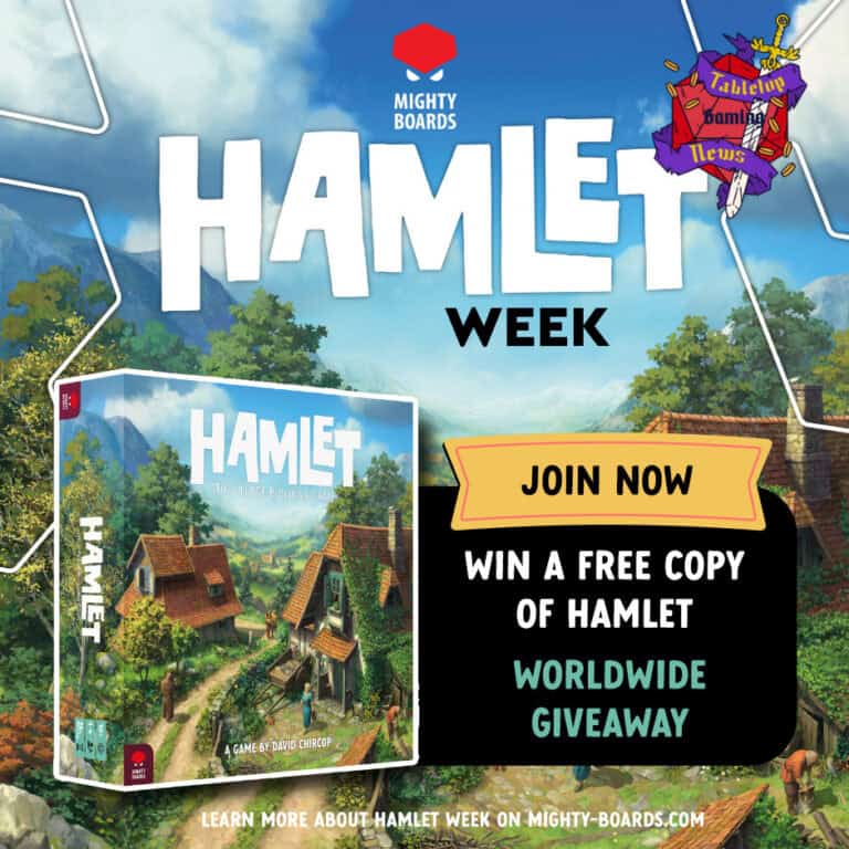 Join the excitement of Hamlet Week by Mighty Boards! Dive into this village building game for your chance to win a free copy of "Hamlet" in our worldwide giveaway. Don't miss out—join now and let the fun begin! Featuring Tabletop Gaming News logo.