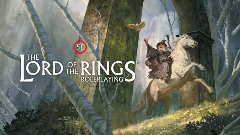 A fantasy illustration shows a wizard on a rearing white horse in a lush forest. The wizard raises his arms triumphantly near ancient stone arches. An owl flies above, set against the backdrop of "The Lord of the Rings Roleplaying Game 5E.