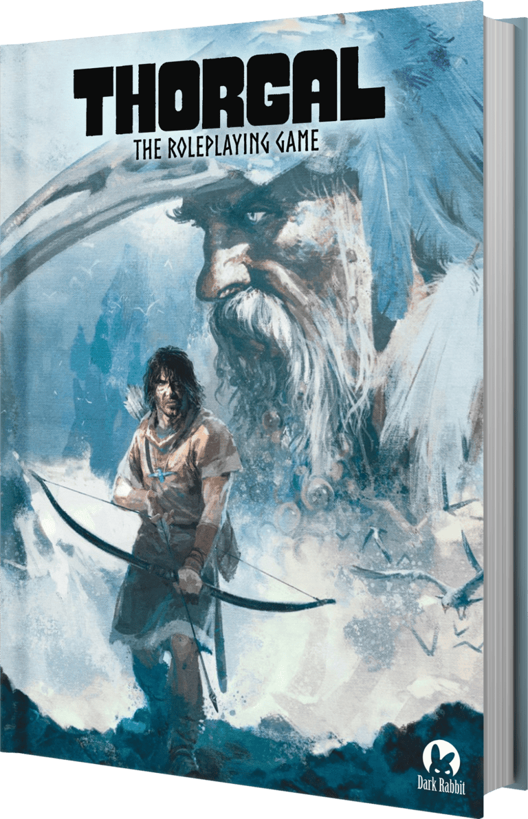 The cover of "Thorgal: The Roleplaying Game" showcases a warrior with a bow in the foreground, set against the backdrop of an imposing bearded figure, capturing the essence of the Thorgal Universe. Dominated by blue and white hues, it features the Dark Rabbit logo in the bottom right corner.