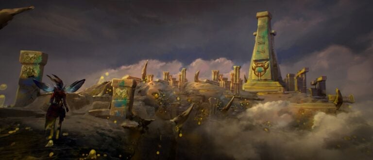 In the Sundered Wilds, a mystical landscape unfurls with ancient stone ruins exhibiting glowing hieroglyphs, shrouded in mist and golden particles. A winged creature stands in the foreground, confronting the enigmatic monoliths beneath a cloudy sky.