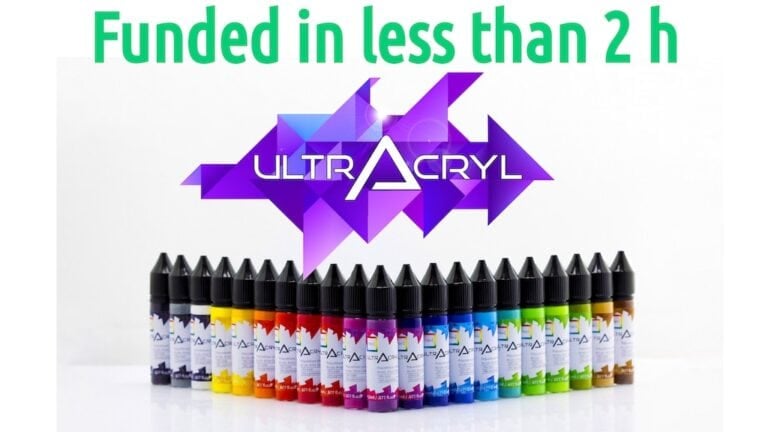A lineup of colorful paint bottles with the "ULTRACRYL" logo in the background. Snippets of text at the top read, "Funded in less than 2 h." The bottles are arranged midweek-style, showcasing vibrant colors.