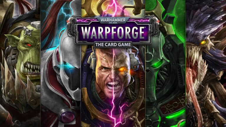 A dramatic cover image for "Warhammer 40,000: Warpforge, The Card Game" showcases intense characters including an orc, a space marine, and a mechanical entity. Vibrant colors and lightning effects divide the scene as the Tyranid faction looms in the background.