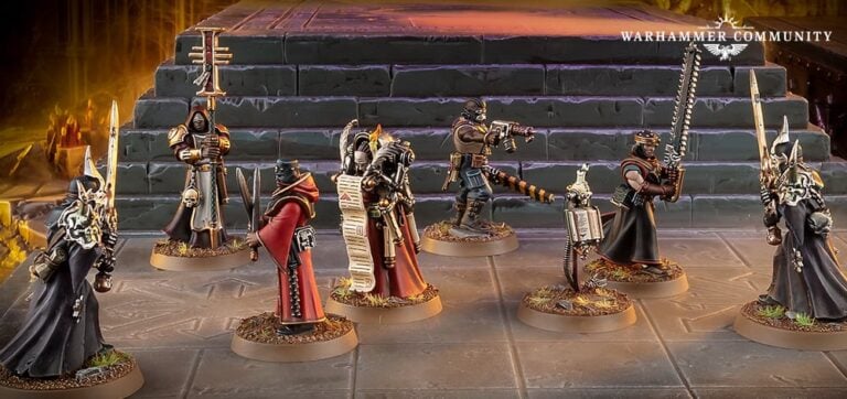 A group of intricately detailed Warhammer figurines, resembling Inquisitorial Agents, stands on a patterned surface. Dressed in dark, ornate armor, some hold weapons while others clutch scrolls. A dim, atmospheric background enhances this dynamic scene from the Ashes of Faith Kill Team expansion.